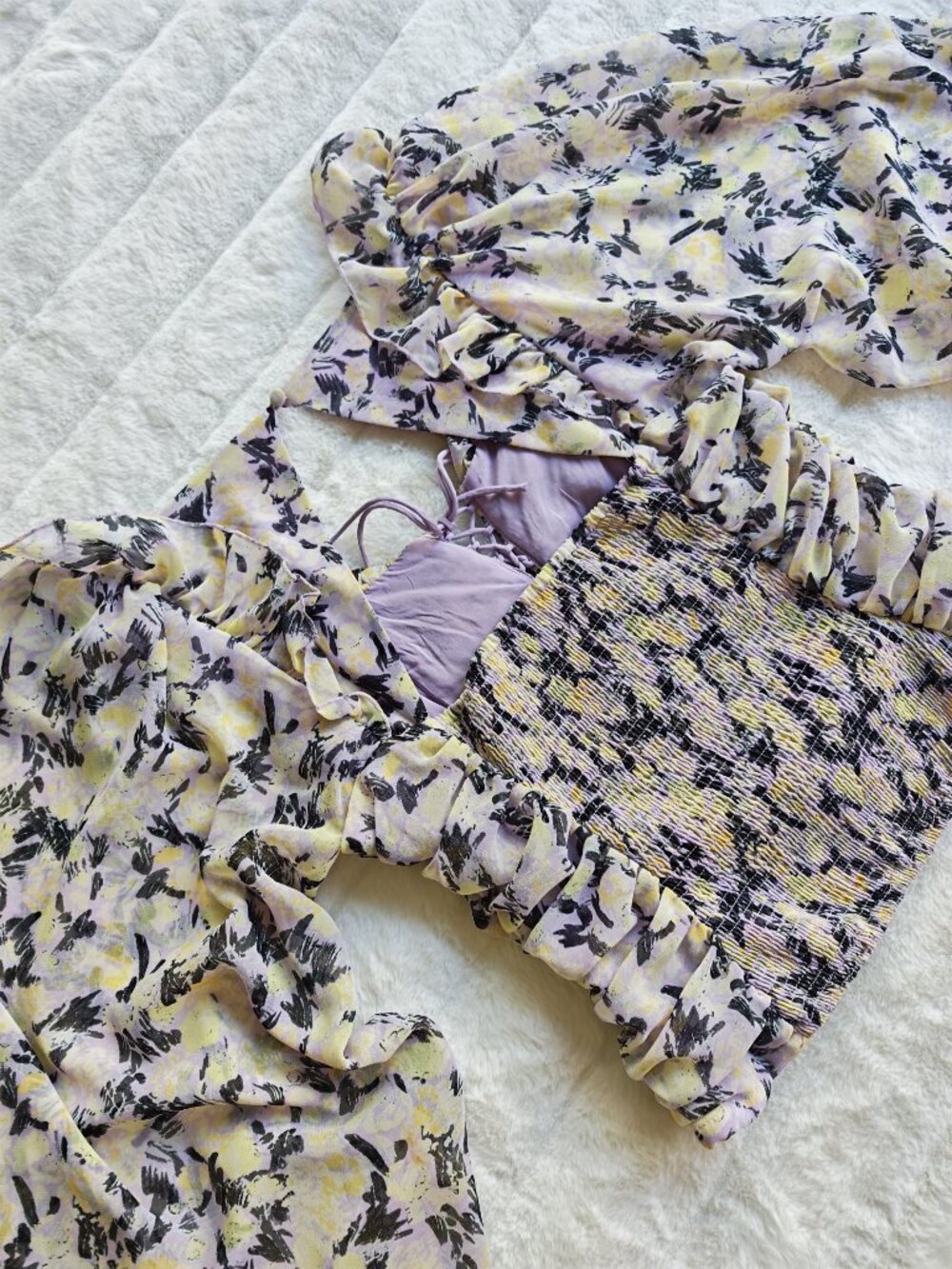 Free People Floral Ruched Blouse Top Puff Sleeve Tie Front Cottagecore Boho Roma - Picture 13 of 13